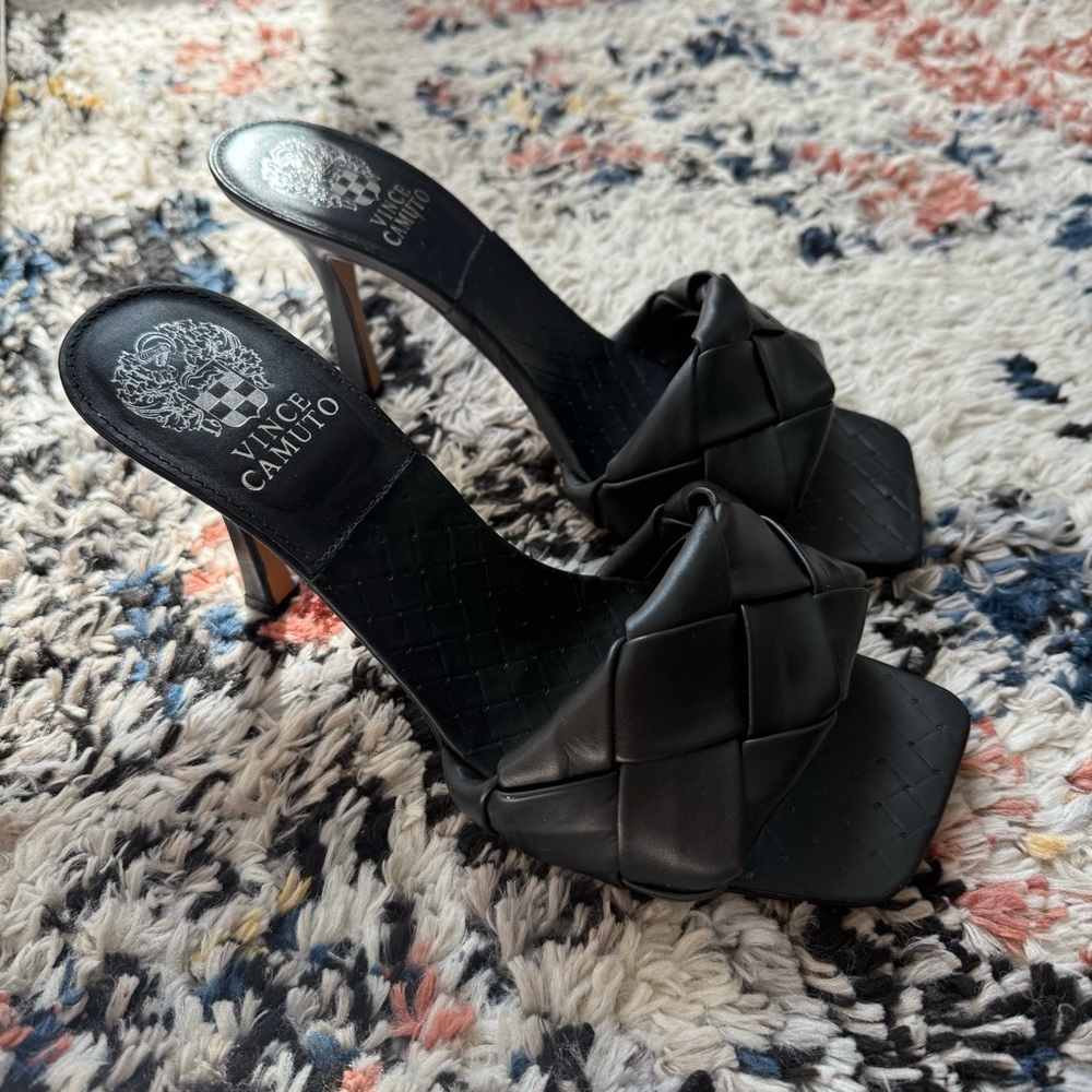 Vince Camuto Brelanie Woven Black Leather Square Toe Heels